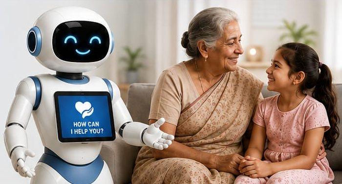 Robo Care Companion healthcare robot with a senior and a child at home